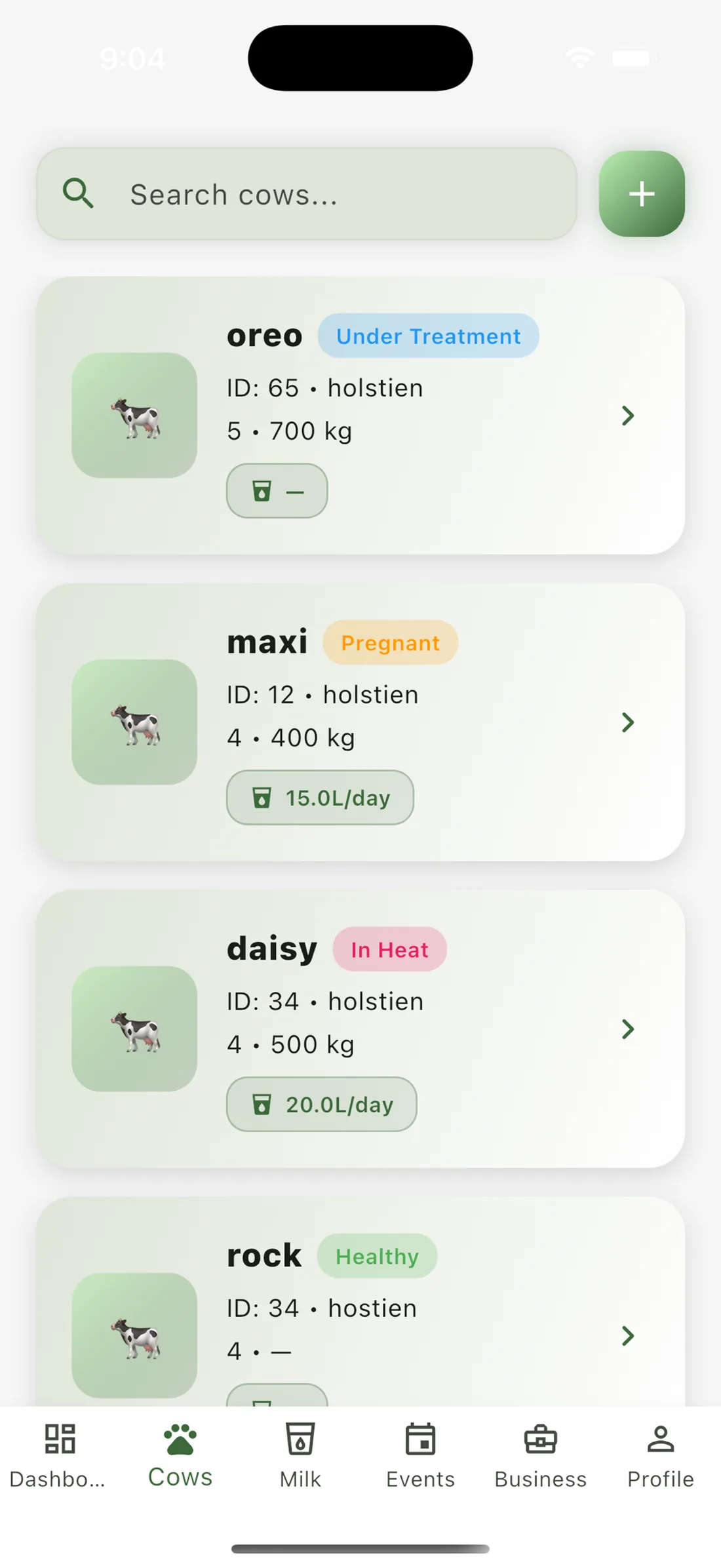 Cow profiles screen