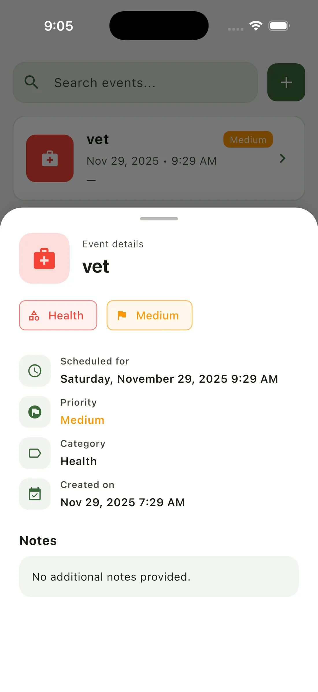 Event detail screen